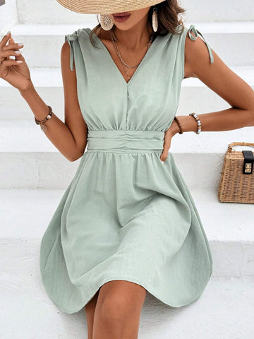 Shoulder Tie Waist A-Line Dress
