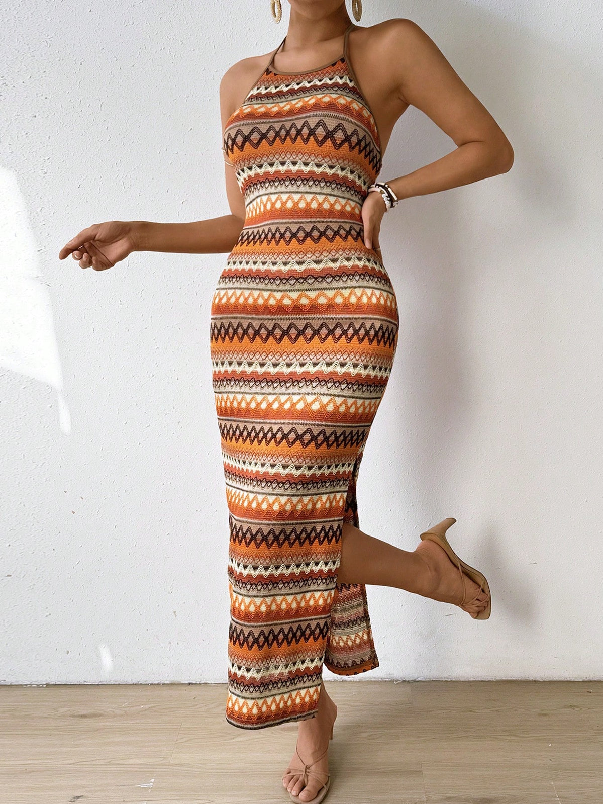 Frenchy Sleeveless Halter Neck Countryside Style Dress With High Side Split