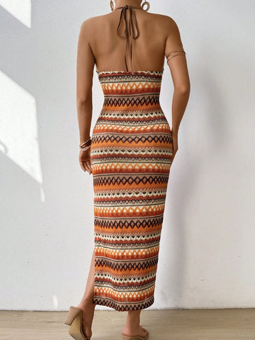 Frenchy Sleeveless Halter Neck Countryside Style Dress With High Side Split