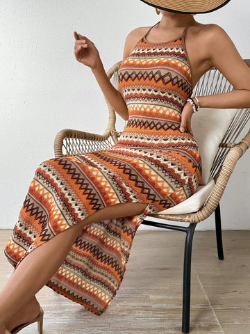 Frenchy Sleeveless Halter Neck Countryside Style Dress With High Side Split