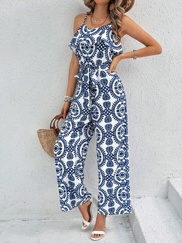 Sleeveless Spaghetti Strap All Over Print Jumpsuit (Pattern Random Cut)