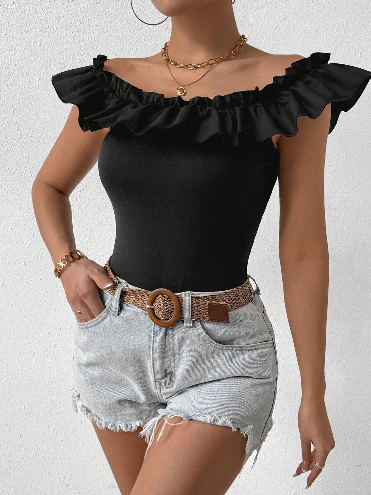 Slim Fit Knitted Bodysuit With Off-Shoulder Ruffle Detail