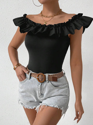 Slim Fit Knitted Bodysuit With Off-Shoulder Ruffle Detail