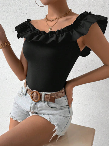 Slim Fit Knitted Bodysuit With Off-Shoulder Ruffle Detail