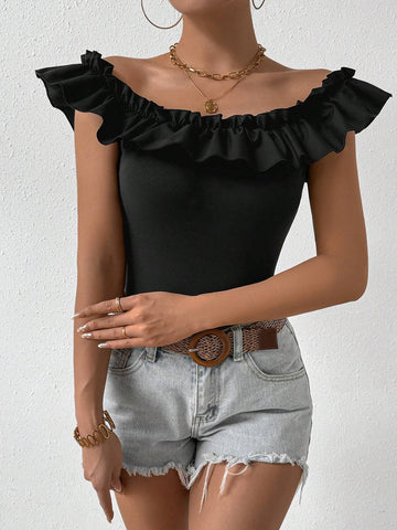 Slim Fit Knitted Bodysuit With Off-Shoulder Ruffle Detail