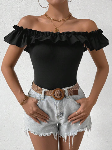 Slim Fit Knitted Bodysuit With Off-Shoulder Ruffle Detail