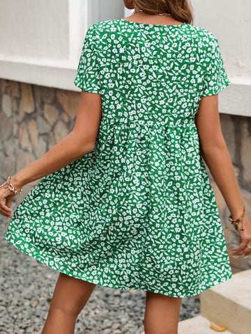 Frenchy Small Floral Print V-Neck Tie Waist Dress
