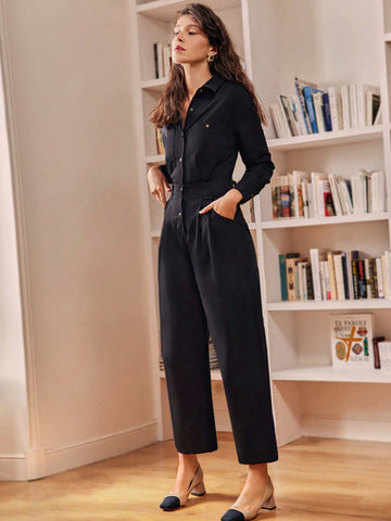 Solid Button Front Shirt Jumpsuit Without Belt