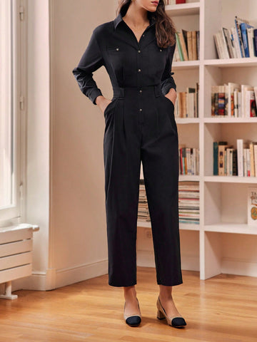 Solid Button Front Shirt Jumpsuit Without Belt