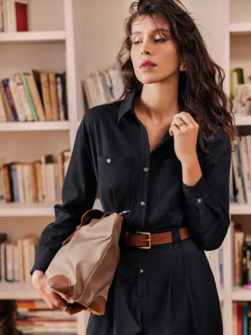Solid Button Front Shirt Jumpsuit Without Belt