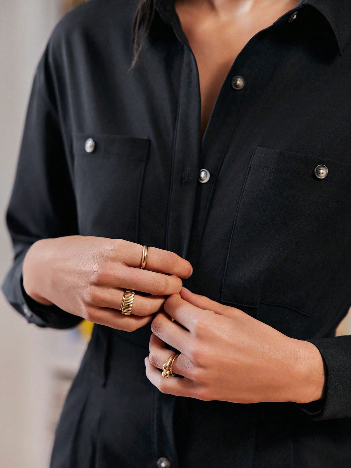 Solid Button Front Shirt Jumpsuit Without Belt