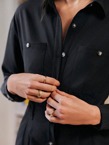 Solid Button Front Shirt Jumpsuit Without Belt