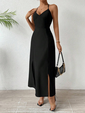 Solid Color Halter Neck Backless Slit Maxi Dress