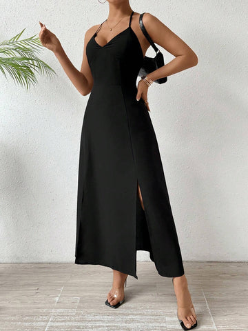 Solid Color Halter Neck Backless Slit Maxi Dress