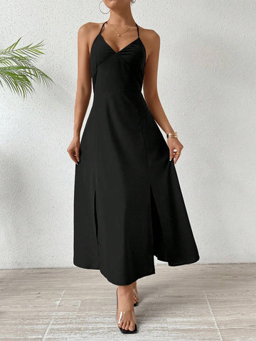 Solid Color Halter Neck Backless Slit Maxi Dress