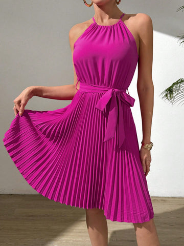 Frenchy Solid Color Halter Neck Pleated Hem Swing Dress