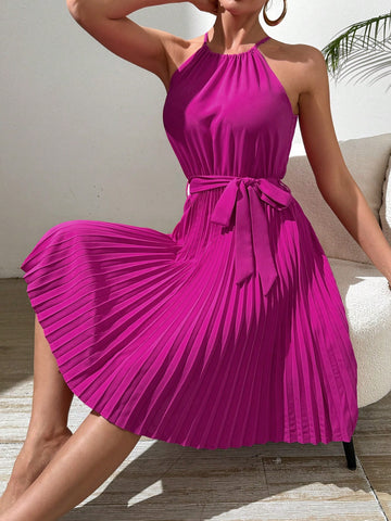 Frenchy Solid Color Halter Neck Pleated Hem Swing Dress