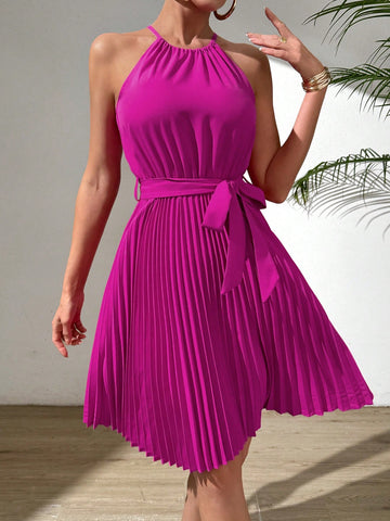 Frenchy Solid Color Halter Neck Pleated Hem Swing Dress