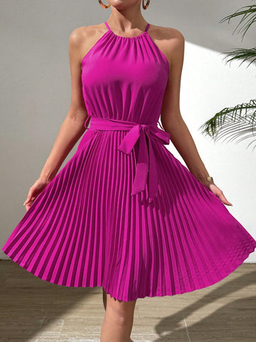 Frenchy Solid Color Halter Neck Pleated Hem Swing Dress