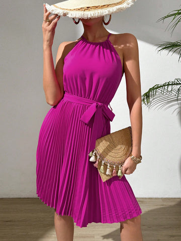 Frenchy Solid Color Halter Neck Pleated Hem Swing Dress