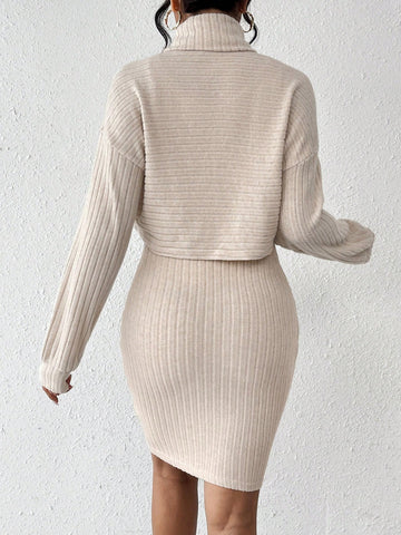 Solid Color High Collar Long Sleeve T-Shirt And Bodycon Vest Dress 2pcs/Set