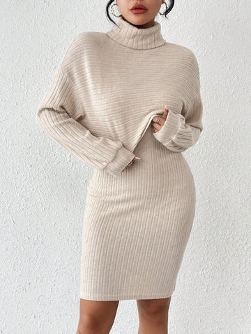 Solid Color High Collar Long Sleeve T-Shirt And Bodycon Vest Dress 2pcs/Set