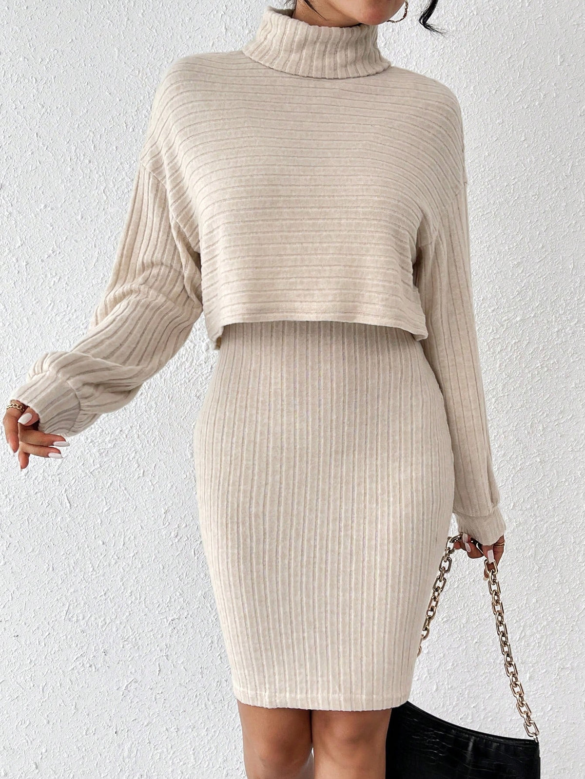 Solid Color High Collar Long Sleeve T-Shirt And Bodycon Vest Dress 2pcs/Set