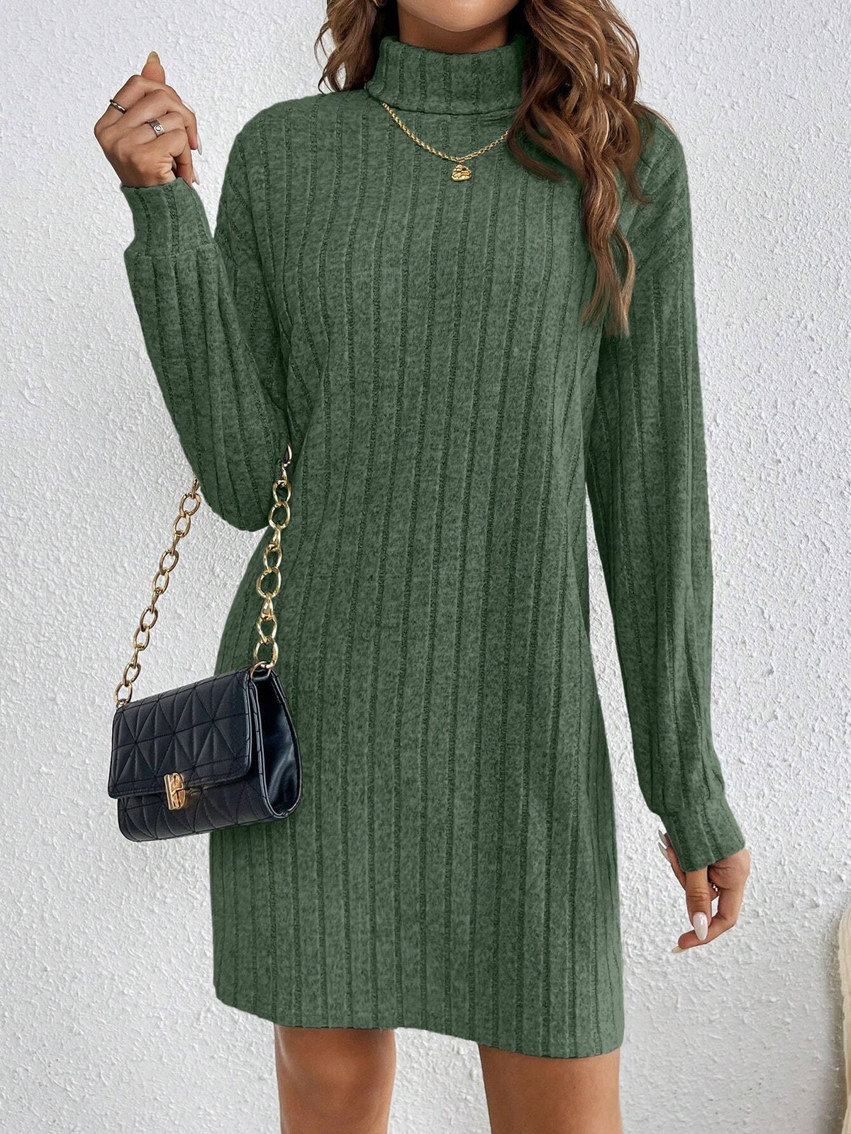 Solid Color High Neck Long Sleeve Textured Fabric Dress
