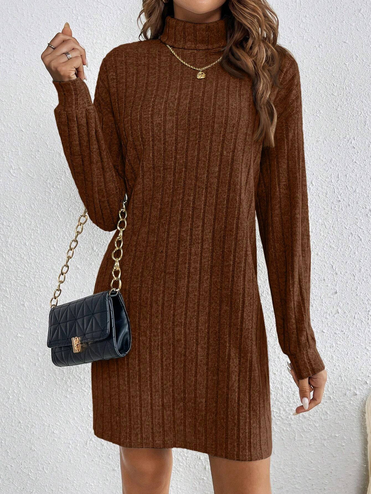 Solid Color High Neck Long Sleeve Textured Fabric Dress
