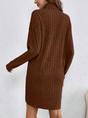 Solid Color High Neck Long Sleeve Textured Fabric Dress