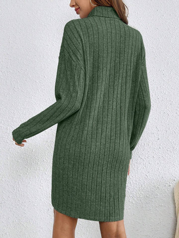 Solid Color High Neck Long Sleeve Textured Fabric Dress