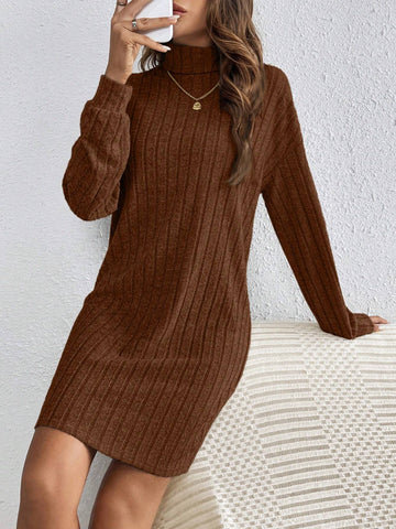 Solid Color High Neck Long Sleeve Textured Fabric Dress
