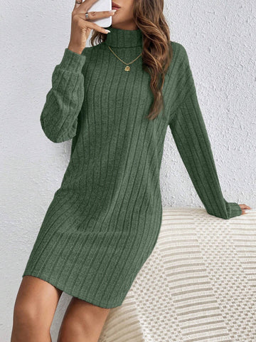 Solid Color High Neck Long Sleeve Textured Fabric Dress