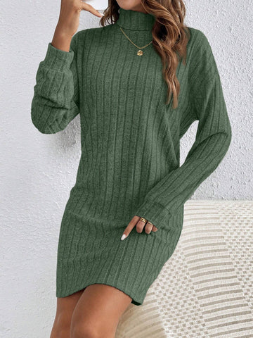 Solid Color High Neck Long Sleeve Textured Fabric Dress