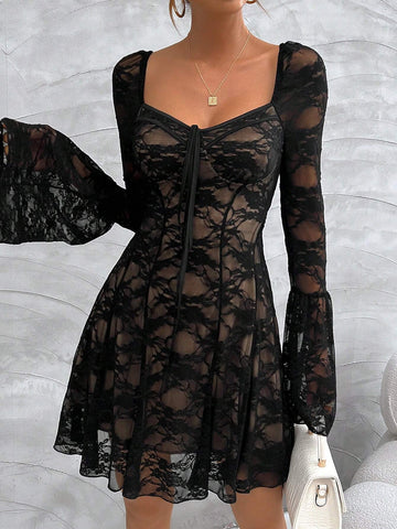 Solid Color Lace Spliced See-Through Elegant Long Sleeve Dress With Sweetheart Neckline