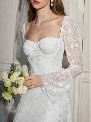 Solid Color Long Sleeve Lace Women's Dress