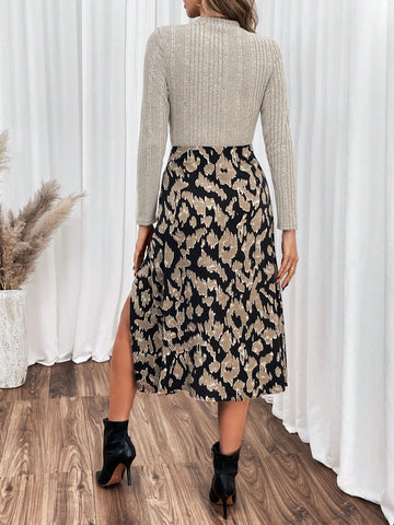 Solid Color Long Sleeve T-shirt And High Slit Midi Skirt Set