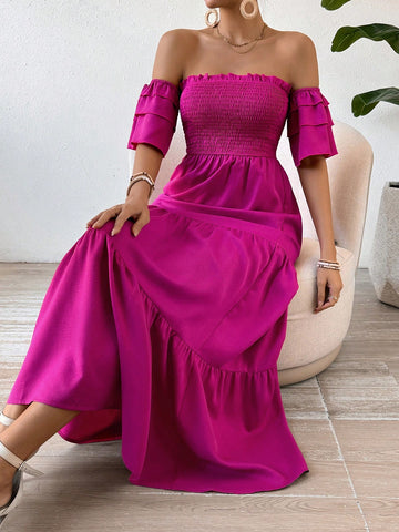 Frenchy Solid Color Off Shoulder A-Line Shirred Dress With Flounce Sleeves