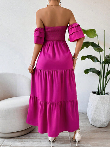 Frenchy Solid Color Off Shoulder A-Line Shirred Dress With Flounce Sleeves