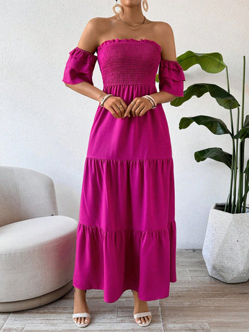 Frenchy Solid Color Off Shoulder A-Line Shirred Dress With Flounce Sleeves