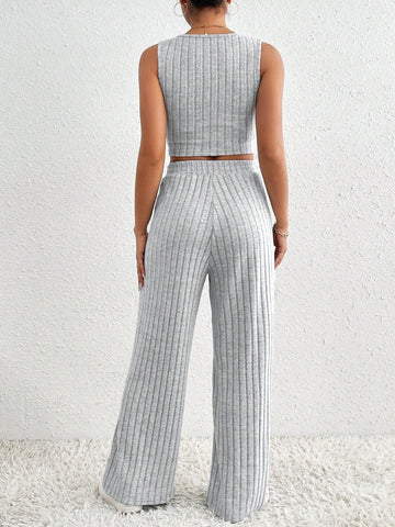 Solid Color Rib-Knit Two Piece Set