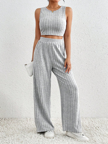 Solid Color Rib-Knit Two Piece Set