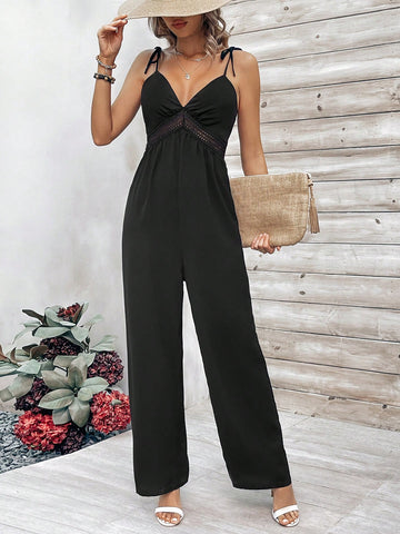Solid Color Splicing Lace Trimmed Tape Straight Cami Jumpsuit