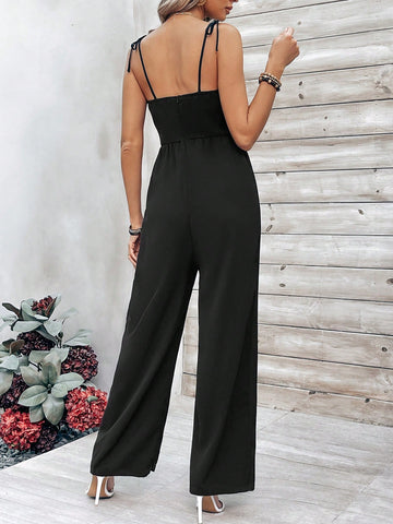 Solid Color Splicing Lace Trimmed Tape Straight Cami Jumpsuit