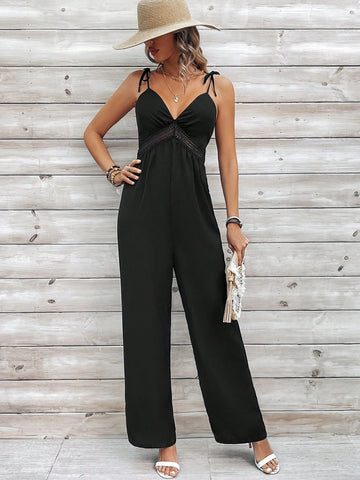 Solid Color Splicing Lace Trimmed Tape Straight Cami Jumpsuit