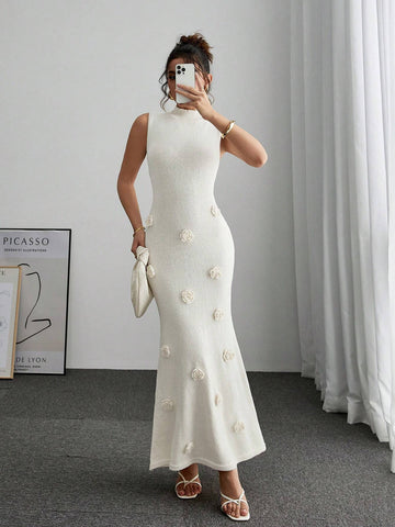 Solid Color Stand Collar Floral Applique Elegant Sleeveless Dress