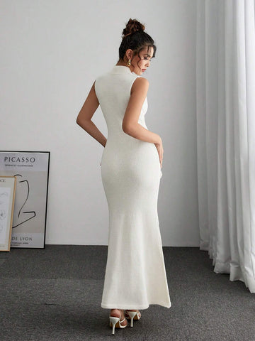 Solid Color Stand Collar Floral Applique Elegant Sleeveless Dress