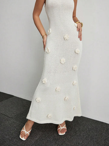 Solid Color Stand Collar Floral Applique Elegant Sleeveless Dress