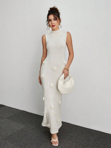 Solid Color Stand Collar Floral Applique Elegant Sleeveless Dress