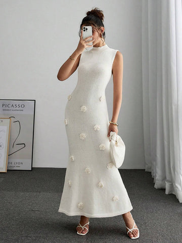 Solid Color Stand Collar Floral Applique Elegant Sleeveless Dress
